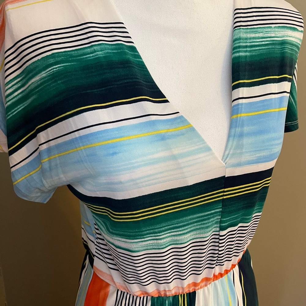 Chic Green and Blue Sundress with Flutter Sleeves and Off the Shoulder Neckline